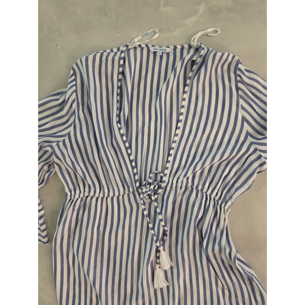NWOT Blue Island 100% Rayon White Stripe Beach Cover-Up Dress Bell Sleeves XL - Picture 5 of 9